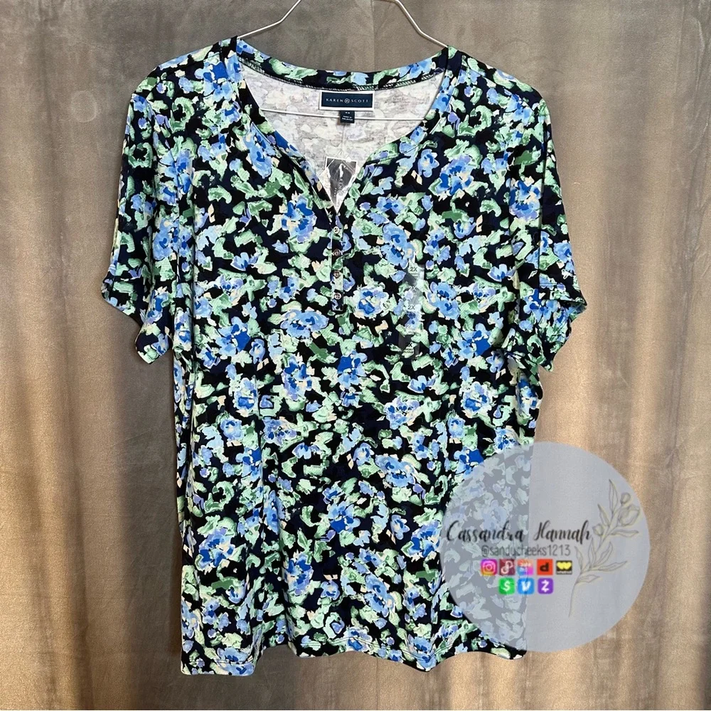 (1X:NWT) $14.99|Karen Scott Sweet Floral Henley Top, Blue - Picture 4 of 15